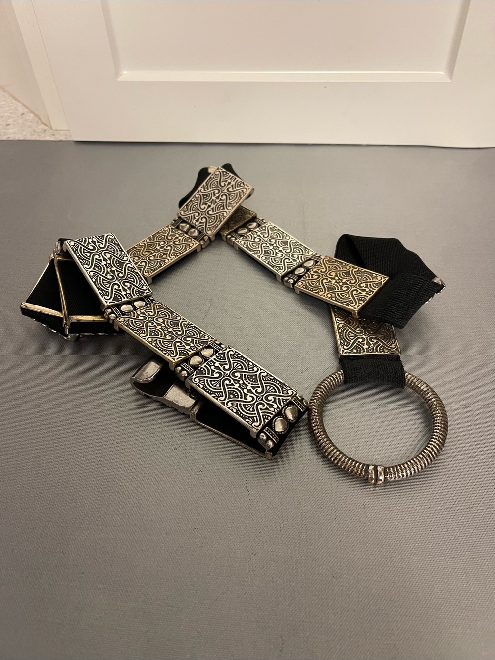 Chico’s Silver-Black Rectangular Metal Engraved Stretch Boho Belt 44”Adjustable